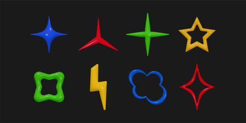 Poster - Set of colorful 3d plastic shapes in y2k style. Inflated elements with plastic effect isolated on black background