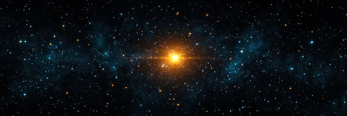 Wall Mural - Outer space scene with dark black and midnight blue tones a faint golden nebula glowing subtly in the distance surrounded by shimmering stars 