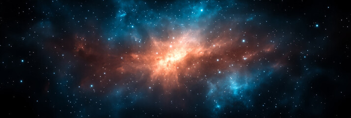 Wall Mural - shadowy outer space with hints of a bright crimson and gold nebula faintly glowing in the distance s