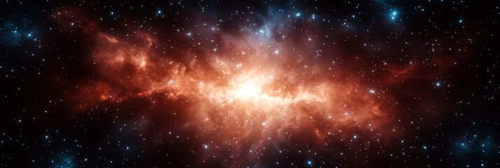 Wall Mural - Shadowy outer space with hints of a bright crimson and gold nebula faintly glowing in the distance surrounded by twinkling stars 