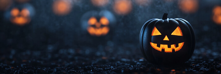 Sticker - Spooky dark background featuring black and orange hues with faint spiderwebs and glowing jack o lanterns scattered Halloween vibe perfect for seasonal visuals 