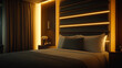 © imagineRbc - A stylish bedroom features a beautifully lit headboard, soft bedding, and a serene atmosphere, perfect for relaxation and rest during the evening hours