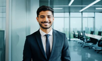 Wall Mural - Portrait of a happy young business man smiling at camera in the office