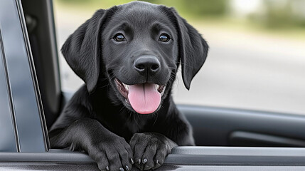 A joyful black Labrador stretches its head out of a car window, soaking in the sunlight and fresh air while wagging its tongue