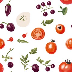  Colorful assortment of herbs and vegetables with berries in a seamless cartoon pattern