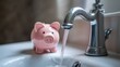 © NickArt - Water saving piggy bank green eco and environment friendly bathroom and a tap with flowing water background