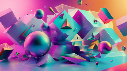 Poster - an abstract composition of intersecting 3D geometric shapes like cubes, spheres, and pyramids. vibrant colors and gradients, with dynamic lighting, abstract background wallpaper 