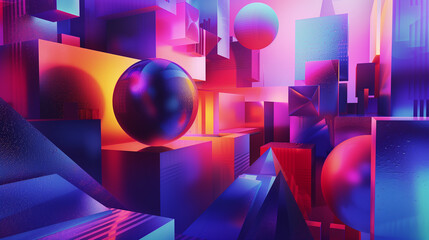 Poster - an abstract composition of intersecting 3D geometric shapes like cubes, spheres, and pyramids. vibrant colors and gradients, with dynamic lighting, abstract background wallpaper 