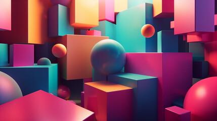 Poster - an abstract composition of intersecting 3D geometric shapes like cubes, spheres, and pyramids. vibrant colors and gradients, with dynamic lighting, abstract background wallpaper 