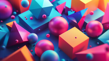 Poster - an abstract composition of intersecting 3D geometric shapes like cubes, spheres, and pyramids. vibrant colors and gradients, with dynamic lighting, abstract background wallpaper 