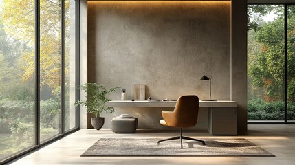 Poster - Minimalist Workspace Design, Featuring a Sleek Desk, Contemporary Chair, Open Layout, Emphasizing Simplicity and Functionality in a Bright Environment