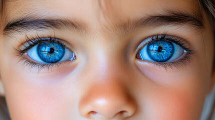 a child gazes intensely with striking blue eyes, reflecting wonder and innocence in a softly lit env