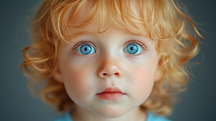 A young child gazes curiously with bright blue eyes and curly hair, highlighting an innocent expression in soft indoor lighting