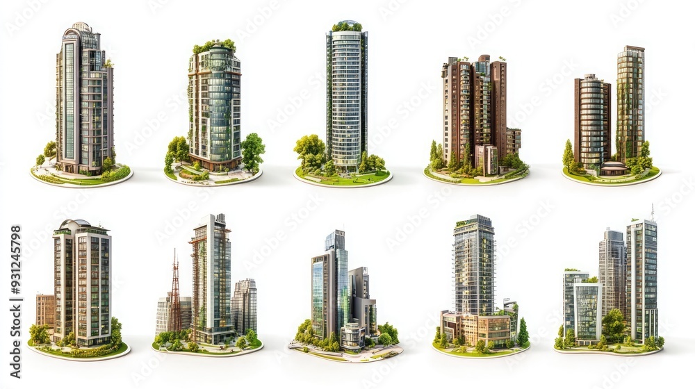 Collection of ten modern skyscrapers isolated on white background. They ...