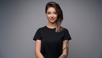 Confident young woman with tattoos and stylish hair, dressed in a black t-shirt, showcasing contemporary fashion and personal expression