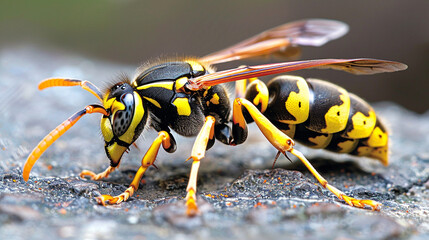 Detailed view of a wasp's sharp stinger, with the segmented body and vibrant yellow and black stripes