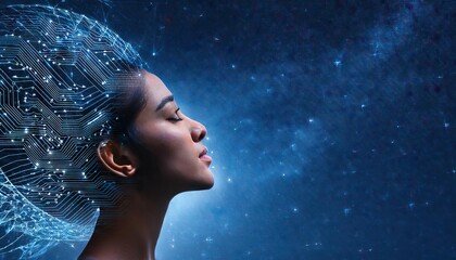 Canvas Print - Digital profile of a human head with interconnected lines on a starry blue background, depicting a technology concept