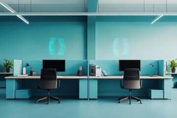 Modern office workspace with two desks, computers, and plants, featuring vibrant blue walls and organized equipment.