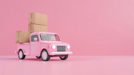 Pink delivery truck delivering express with cardboard boxes. Cartoon transportation and delivery concept on pink background. 3D rendering with