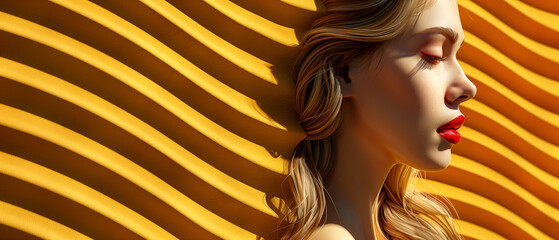 Wall Mural - A woman with long blonde hair and red lipstick is sitting in the sun. The image has a warm, sunny, and relaxed mood