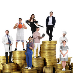 People of various professions on stacks of coins of different height against white background