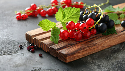 Wall Mural - Wooden board with different fresh ripe currants and green leaf, closeup