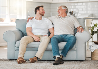 Poster - Laughing, senior father and man on sofa for talking, connection and bonding together with hug in home. Happy family, elderly dad and adult son on couch with smile, support and security in house