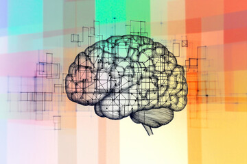 Poster - A wireframe brain is superimposed on a multicolored geometric background, representing creativity and thought processes.