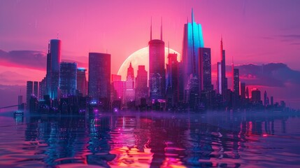 Wall Mural - A vibrant futuristic city skyline at sunset, illuminated by neon colors reflecting on the water, creating a mystical atmosphere.