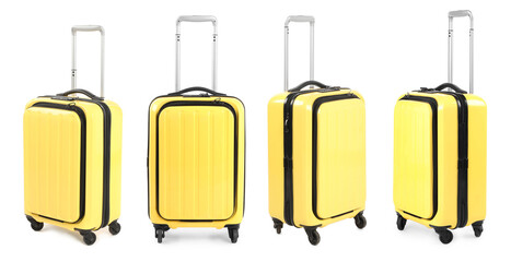 Canvas Print - Set of yellow suitcase on white background, view from different sides