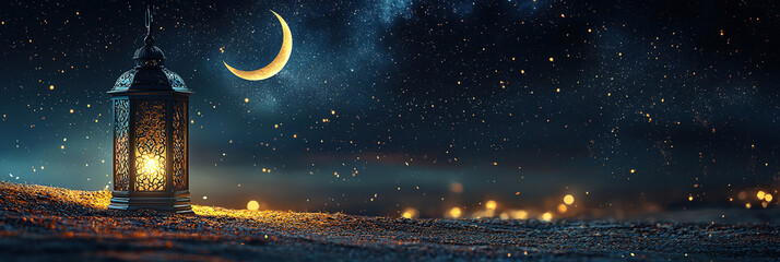 Wall Mural - Ramadan background, with ample copy space for text and graphics, a lantern on the ground, a night sky with a crescent moon, and muted color tones of black, grey, brown, and gold