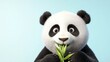 © Kasiwat - Adorable panda munching on fresh green bamboo with a joyful expression against a soft blue background. Perfect for playful and cute concepts.