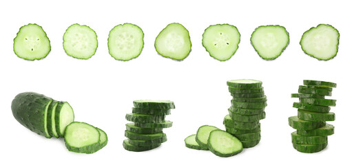 Wall Mural - Many sliced cucumbers isolated on white, collage