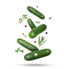 Wall Mural - Ripe cucumbers, herbs and spices falling on white background