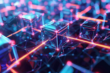 Poster - Neon-lit digital blocks are interconnected by glowing lines, symbolizing advanced technology and the interconnected nature of modern networks.