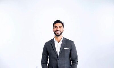 Wall Mural - Portrait of a smiling businessman standing in front of a white wall