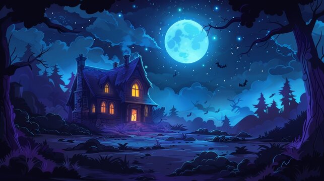Haunted house with glowing windows and spooky trees under a full moon cartoon Vector Illustration