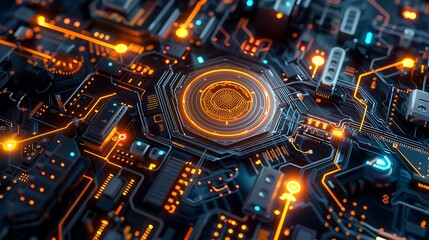 Poster - Close-up view of a glowing orange circuit board with intricate wiring and connections. It represents the complexity and beauty of technology.