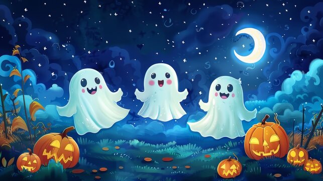Cute cartoon ghosts floating around a pumpkin patch at night cartoon Vector Illustration