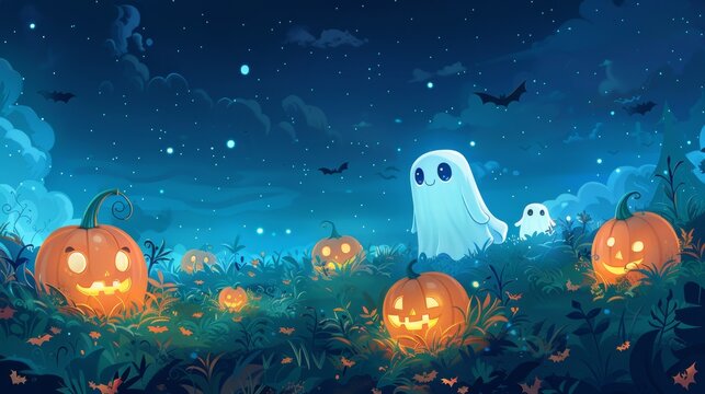 Cute cartoon ghosts floating around a pumpkin patch at night cartoon Vector Illustration