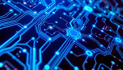 Aufkleber - Abstract blue circuit board with glowing lines and lights, representing technology, electronics, or computer hardware