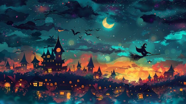Witch flying on a broomstick over a village with decorated houses cartoon Vector Illustration