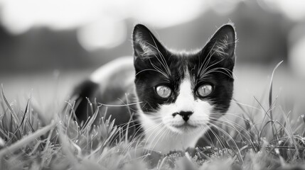 Wall Mural - Black and white cat on grass gazing at camera