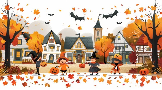 Children in costumes trick-or-treating in a neighborhood with autumn leaves cartoon Vector Illustration