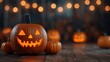 © anantachai - A happy jack-o'-lantern with a broad smile emits a warm glow, nestled among festive Halloween lights and decorations on a wooden surface.