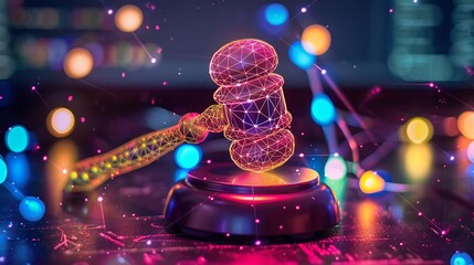 Poster - Glowing digital gavel symbolizes impact of technology on legal system for representation of future justice digital transformation and innovation in modern legal practices concept.