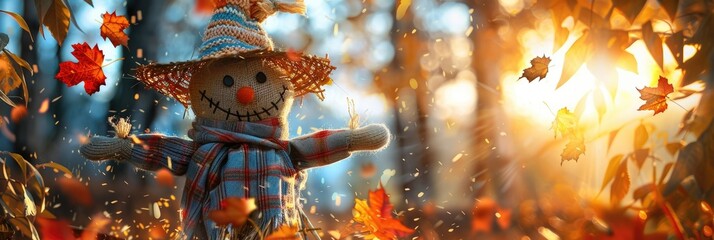 Canvas Print - Scarecrow in a Colorful Autumn Garden at Dusk