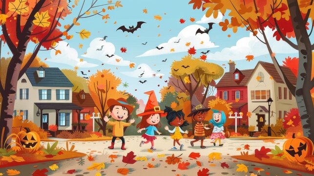 Children in costumes trick-or-treating in a neighborhood with autumn leaves cartoon Vector Illustration