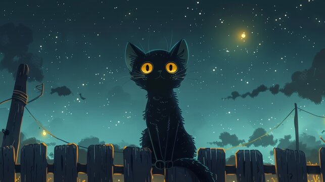 Black cat with glowing eyes sitting on a fence under a starry sky cartoon Vector Illustration