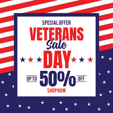 Happy Veterans Day sale banner. Holiday typographic poster with usa waving flag. Thank you, Veterans. Vector illustration